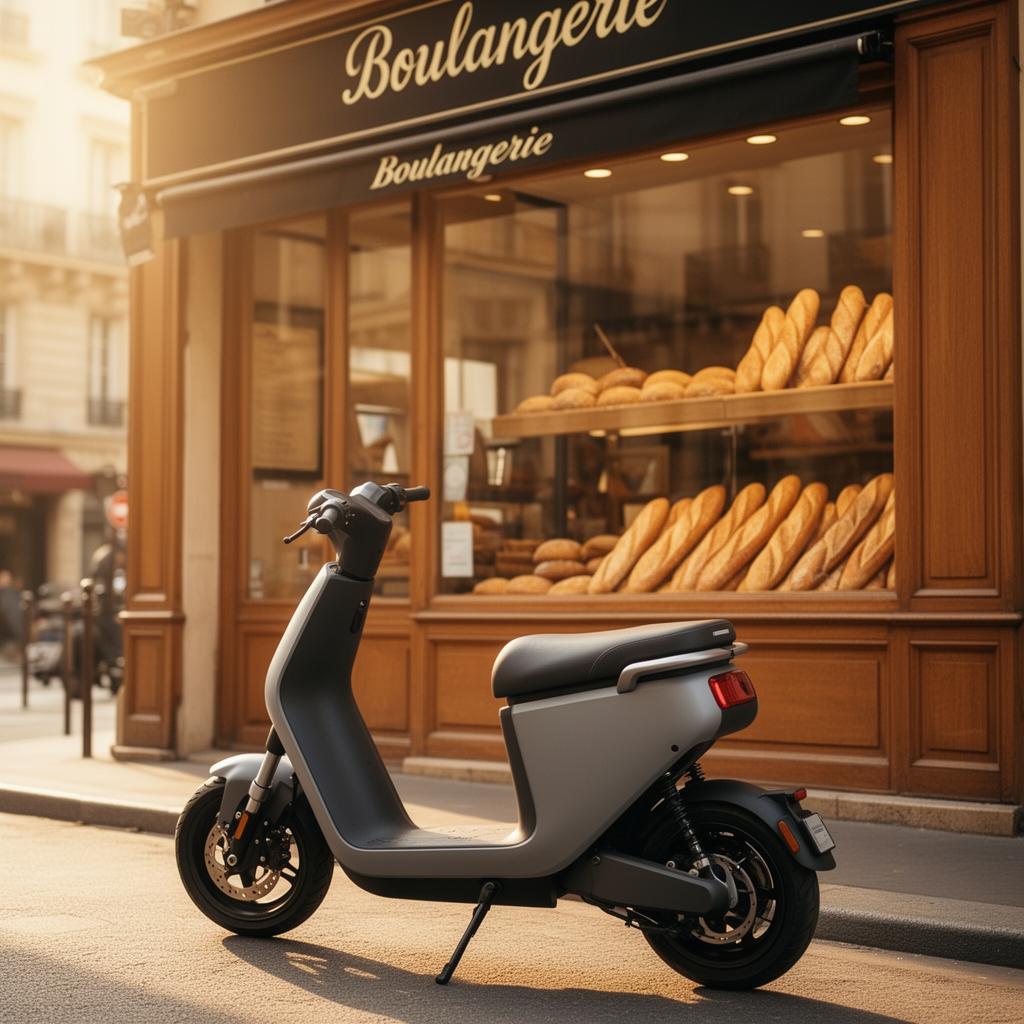 Scooter électrique stationné devant une boulangerie française